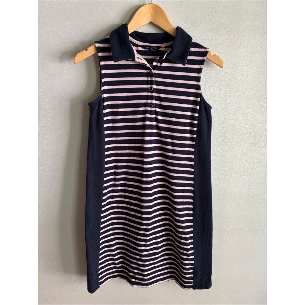 Lands’ End XS Sleeveless Polo Dress Navy Pink Stripe Stretch Cotton Golf Casual